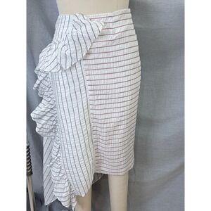 Anais Jourden Asymmetrical Ruffle Seersucker Striped Midi Skirt White Blue Red